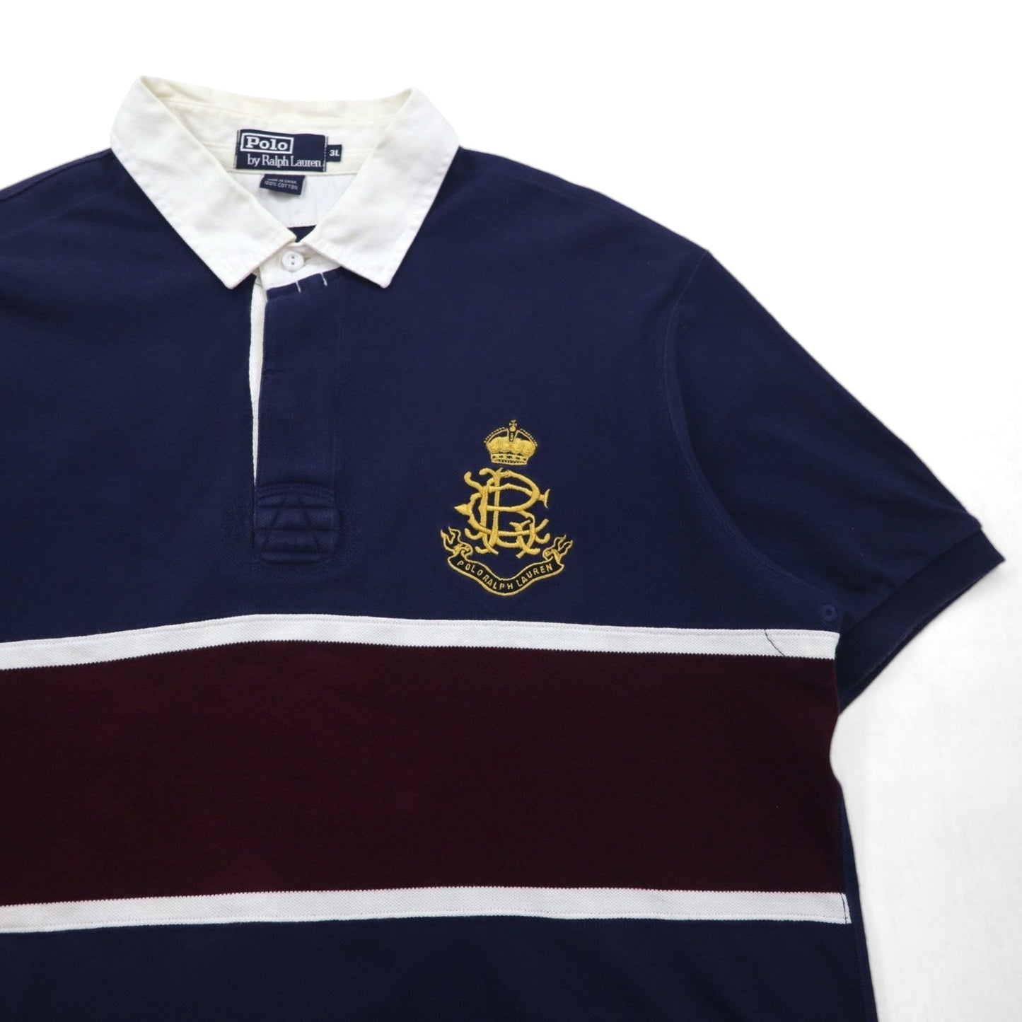 Polo by Ralph Lauren 90年代 ラインデザイン ポロシャツ 3XL ネイビー 鹿の子 エンブレムロゴ刺繍