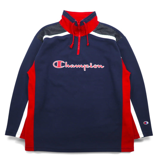 Champion 90年代 ハーフジップ スウェット L ネイビー コットン スクリプトロゴ プリント