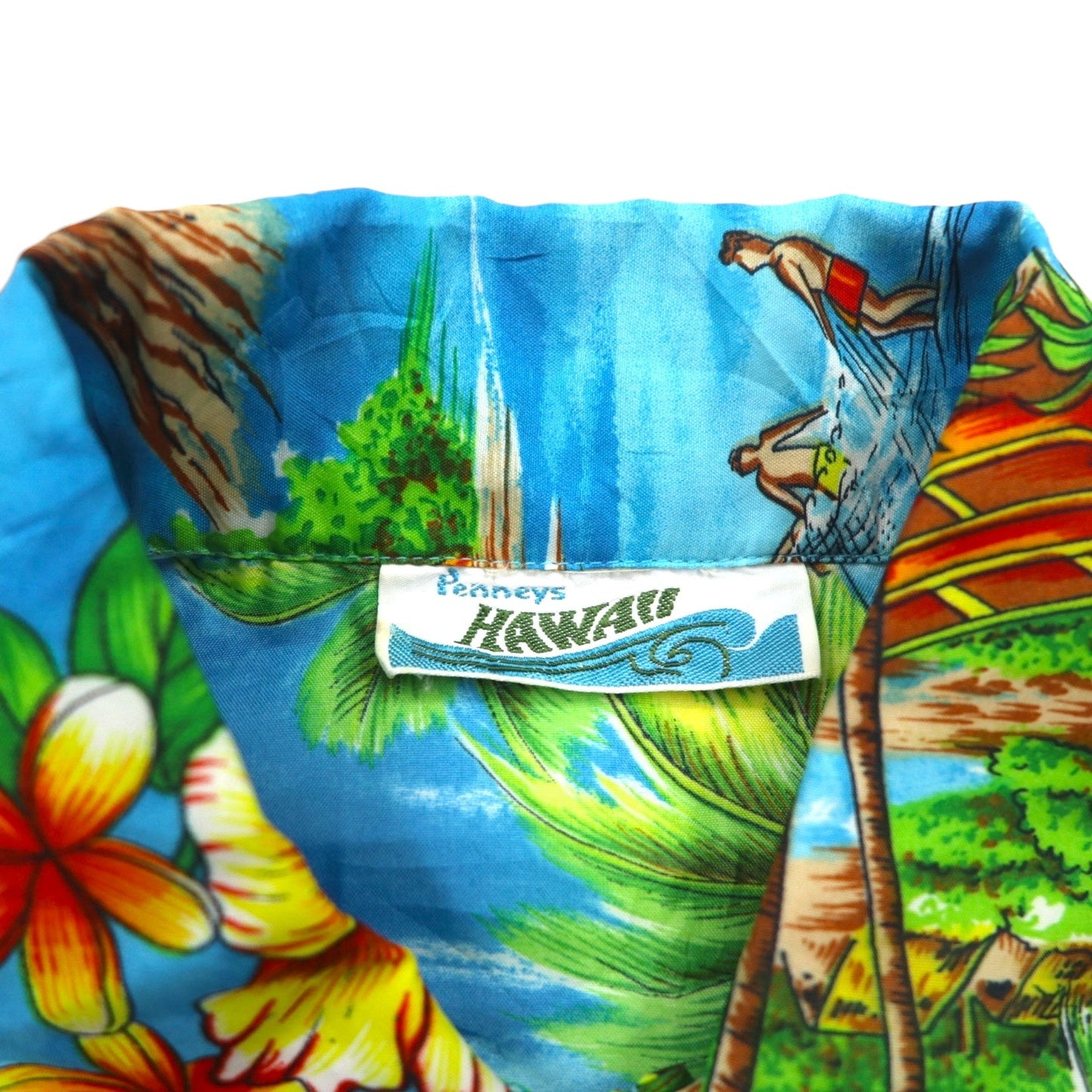 Pennys HAWAII 70年代 プルオーバー アロハシャツ L ブルー ポリエステル 襟芯 総柄 ビーチ