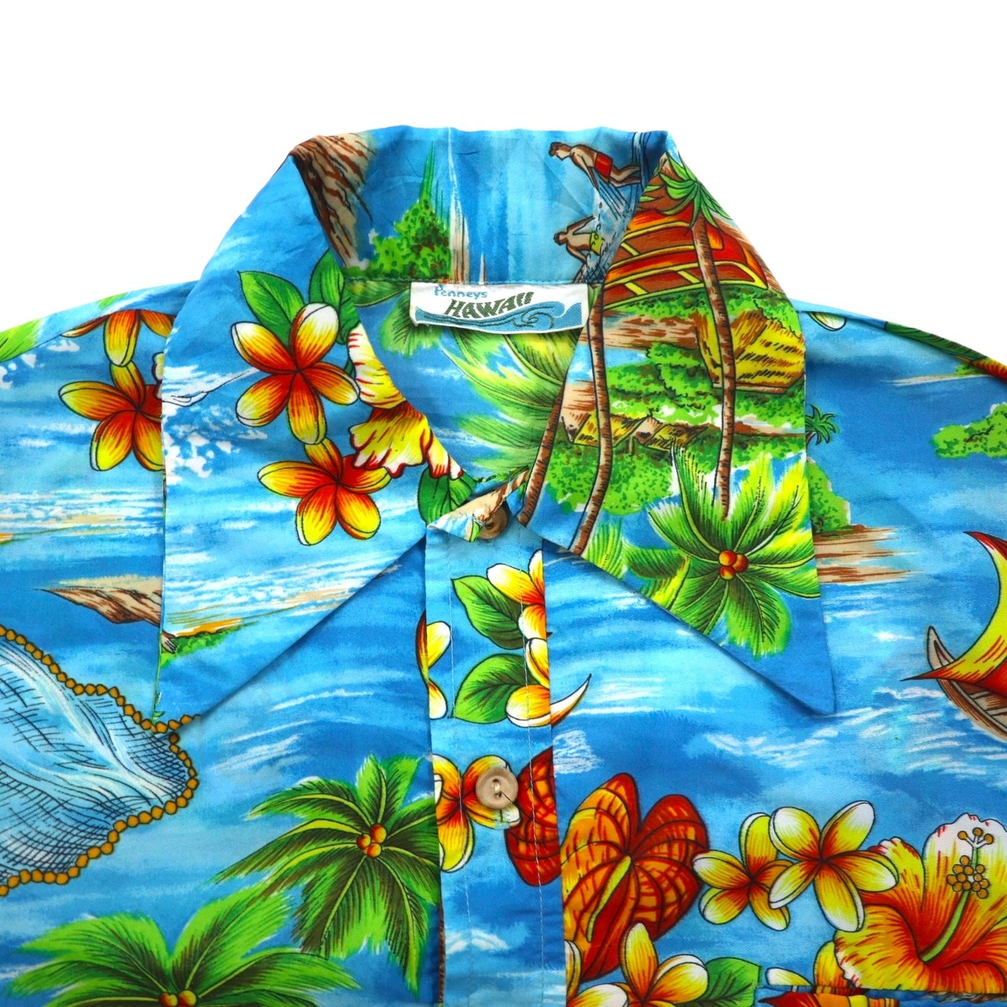 Pennys HAWAII 70年代 プルオーバー アロハシャツ L ブルー ポリエステル 襟芯 総柄 ビーチ
