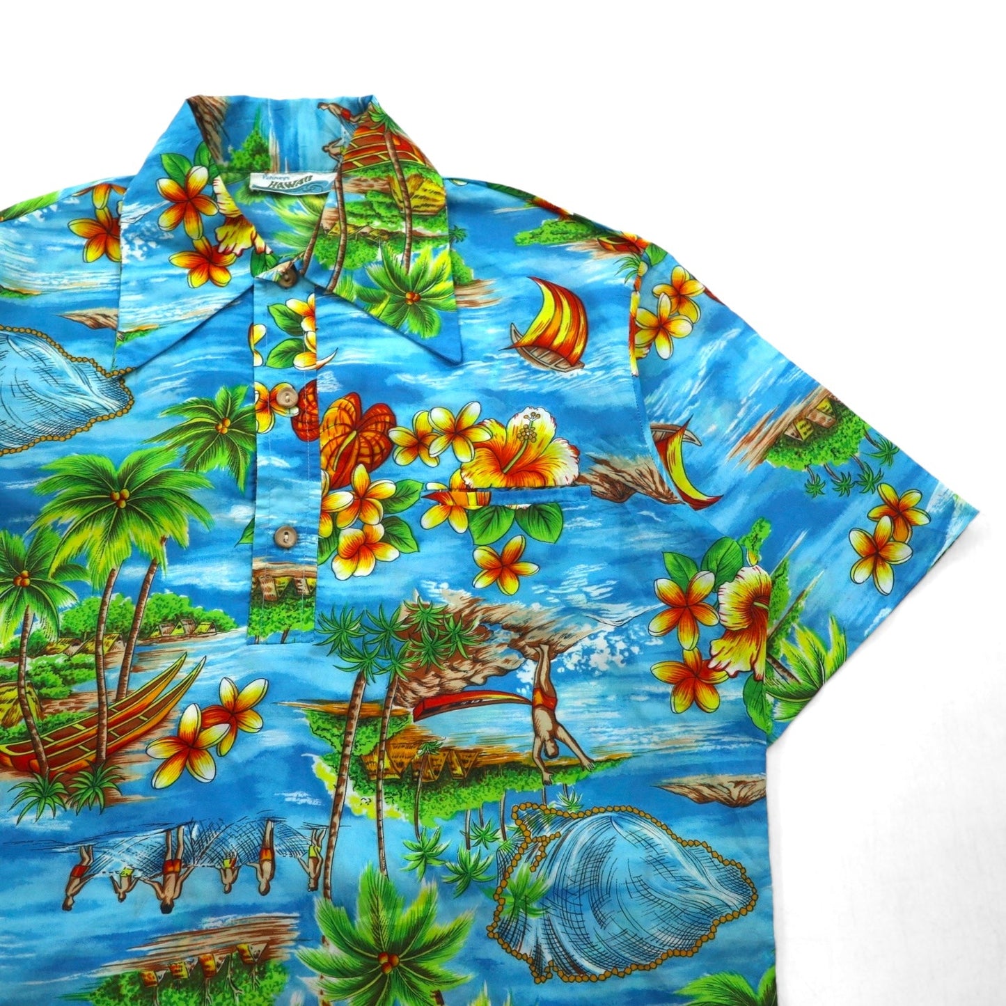 Pennys HAWAII 70年代 プルオーバー アロハシャツ L ブルー ポリエステル 襟芯 総柄 ビーチ