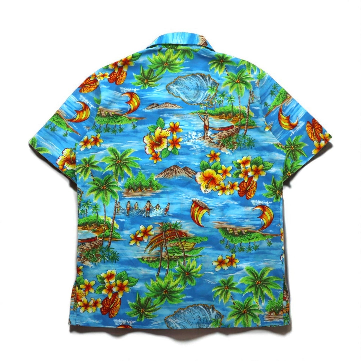 Pennys HAWAII 70年代 プルオーバー アロハシャツ L ブルー ポリエステル 襟芯 総柄 ビーチ