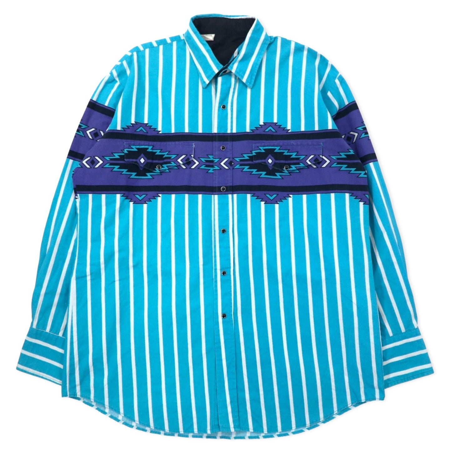Vintage Western Shirts USA製 ヴィンテージ ウエスタンシャツ L ブルー ストライプ チマヨ柄 コットン ビッグサイズ
