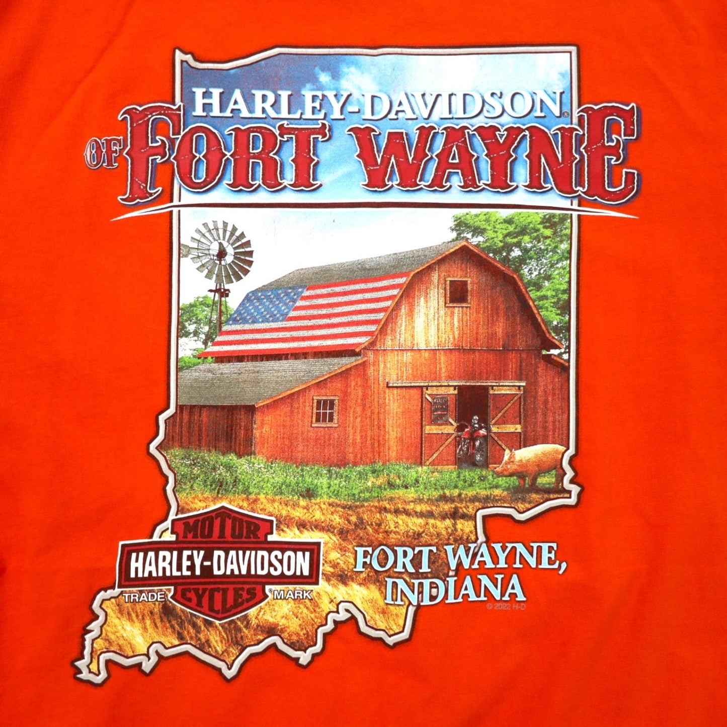 HARLEY DAVIDSON ロゴプリント Tシャツ ポケT 2XL オレンジ コットン FORT WAYNE, INDIANA ビッグサイズ
