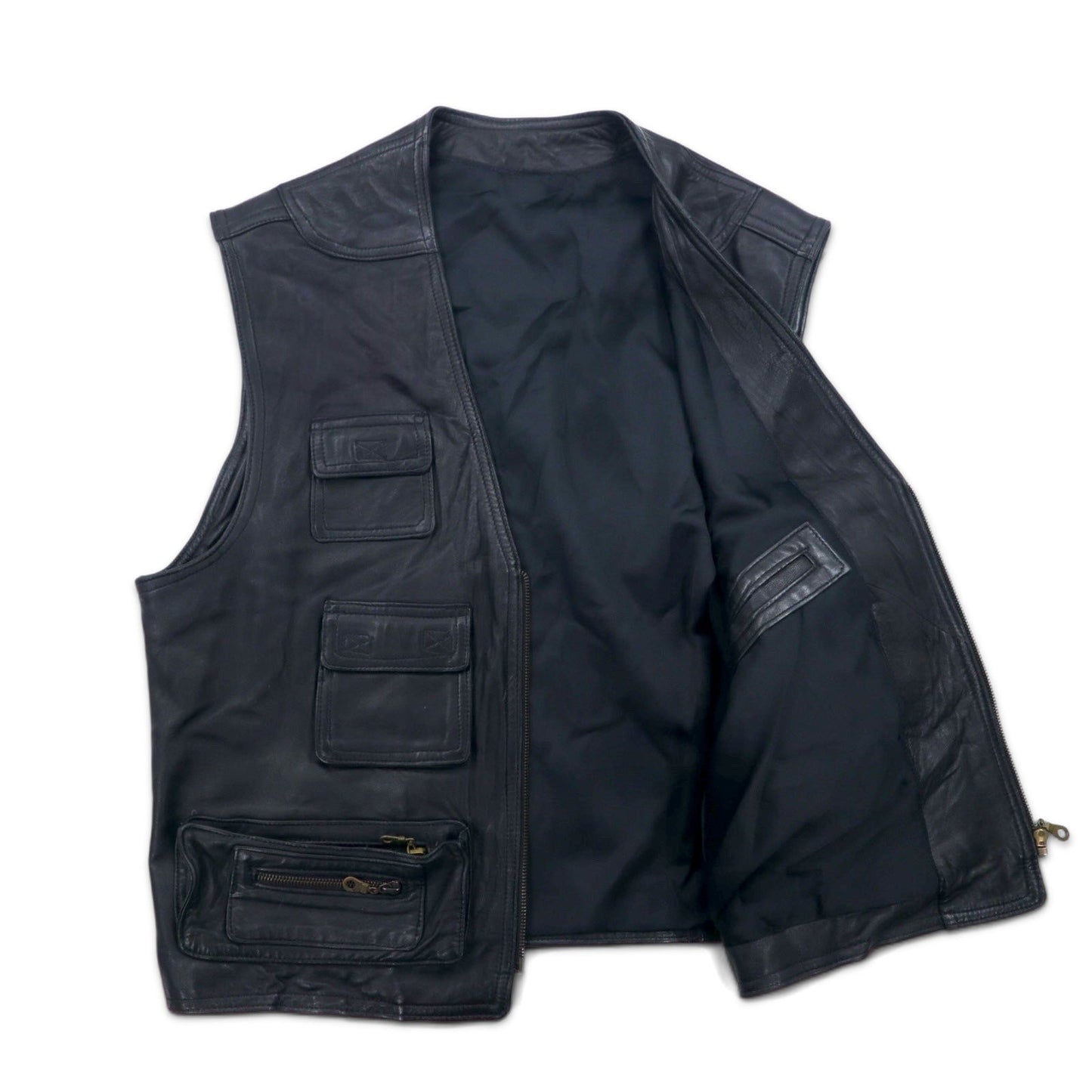 Vintage Leather Hunting Vest ユーティリティ レザー ハンティングベスト L ブラック ジップアップ