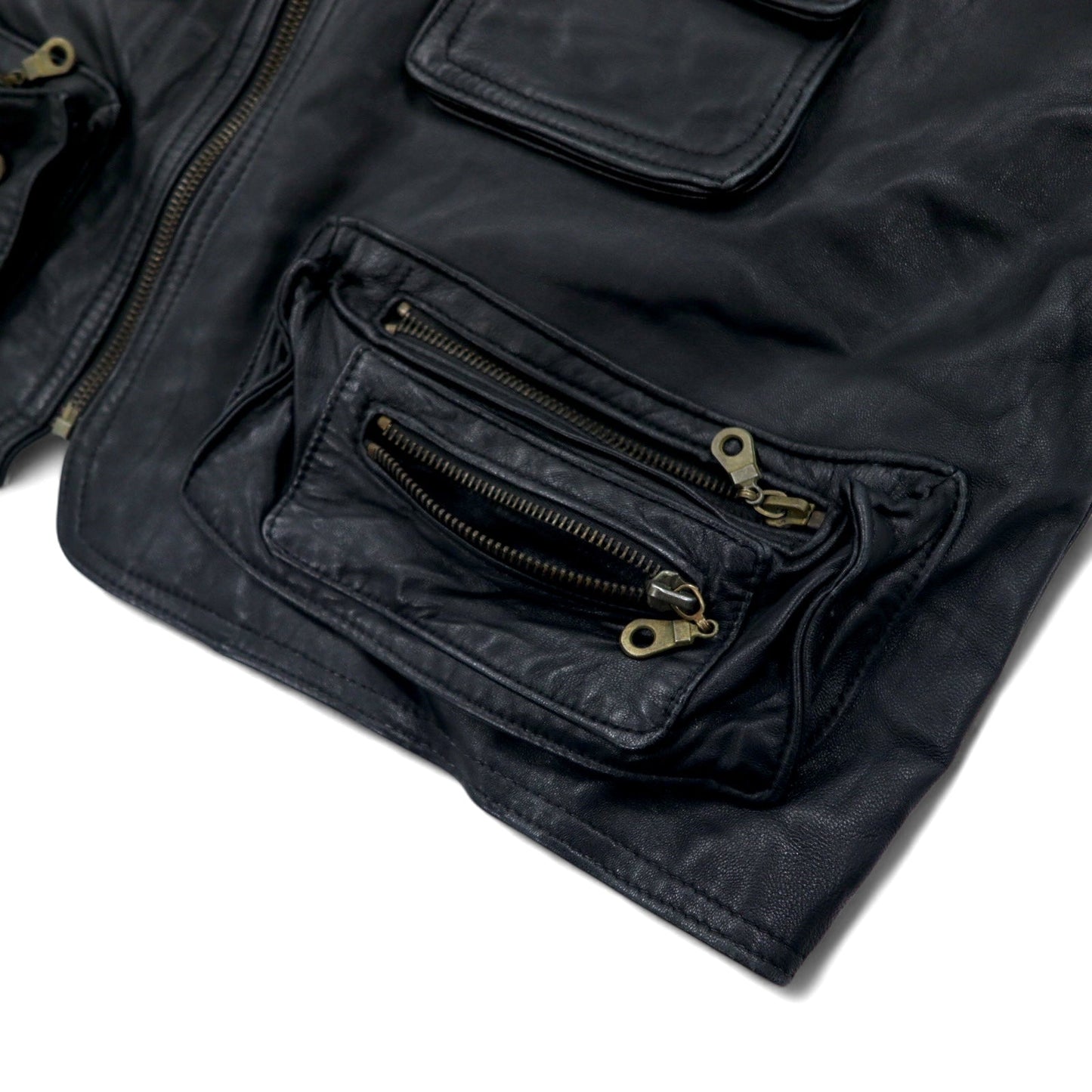 Vintage Leather Hunting Vest ユーティリティ レザー ハンティングベスト L ブラック ジップアップ