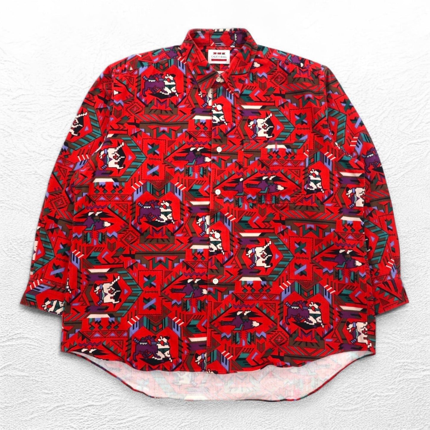 Vintage Japan Made Retro Shirt CALICO BALL ネイティブ柄 シャツ FREE レッド 日本製