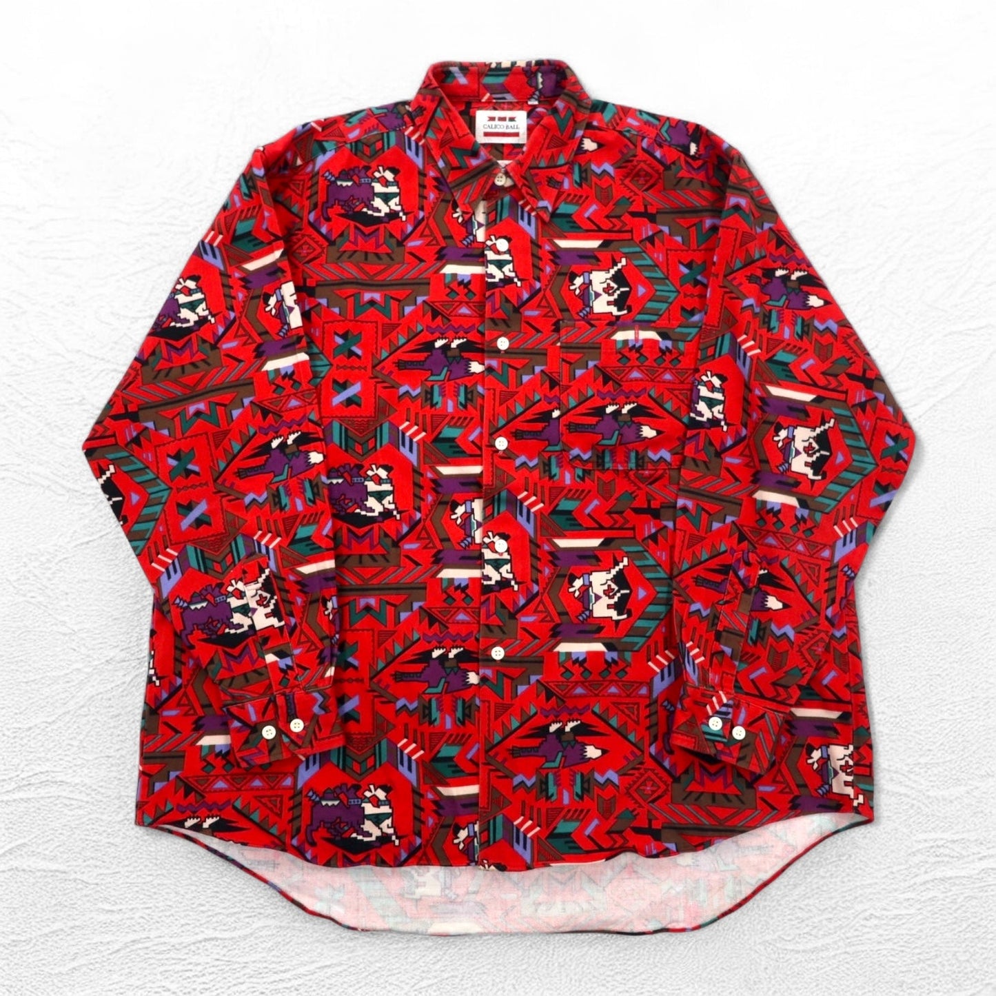 Vintage Japan Made Retro Shirt CALICO BALL ネイティブ柄 シャツ FREE レッド 日本製