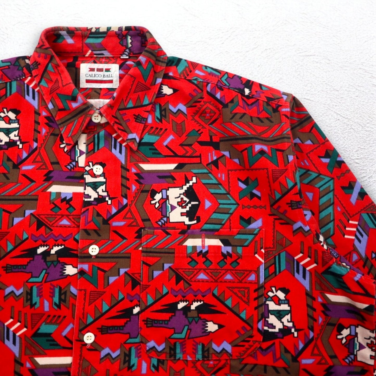 Vintage Japan Made Retro Shirt CALICO BALL ネイティブ柄 シャツ FREE レッド 日本製
