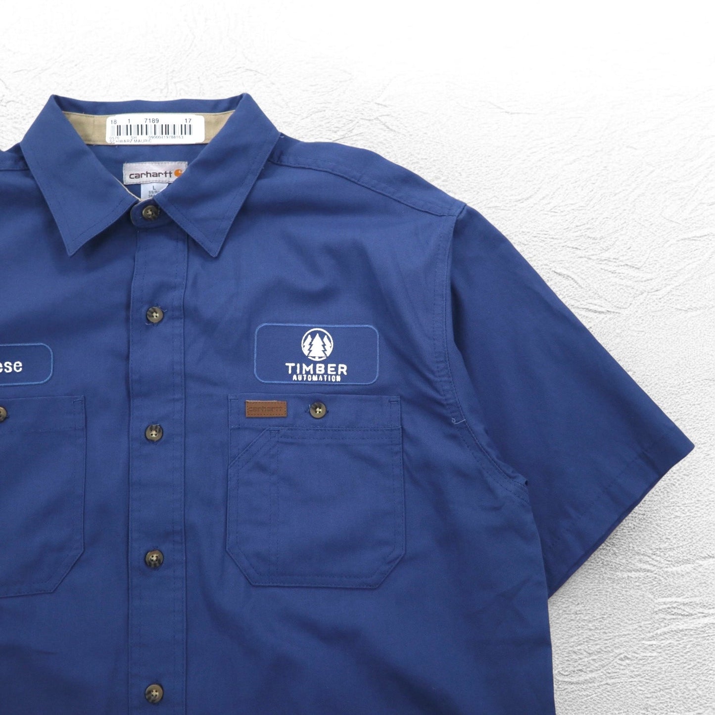 carhartt 半袖ワークシャツ L ネイビー 胸ポケット US企業刺繍 TIMBER AUTOMATION 384-19