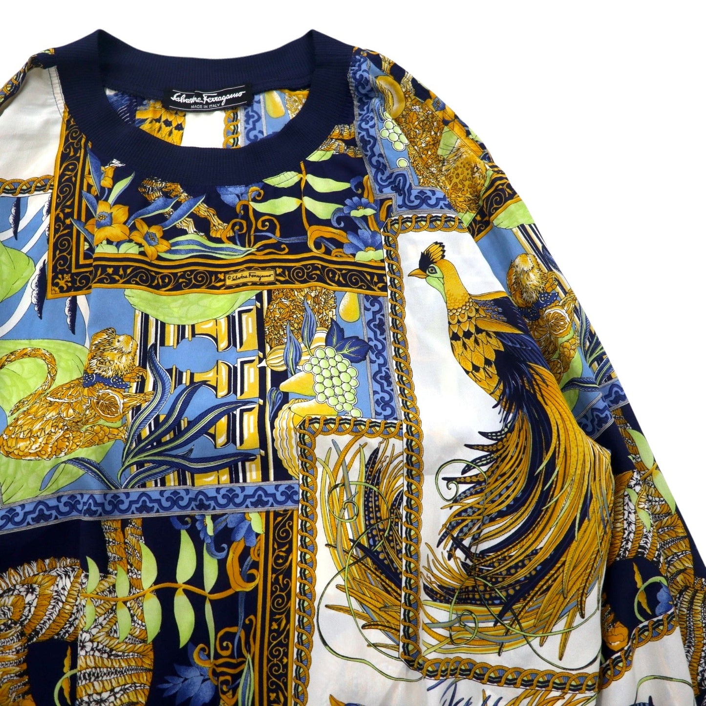 Salvatore Ferragamo イタリア製 オールド シルク トップス M ネイビー 総柄 スカーフ