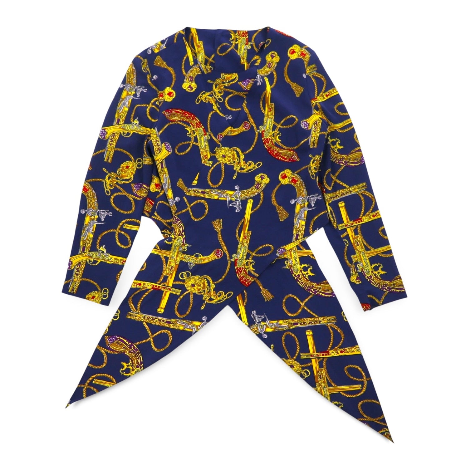 Vintage 90s Retro Blouse 前結び クロップド シャツ レトロ ブラウス M ネイビー バックボタン 金ボタン スカーフ 総柄 裾リボン結び