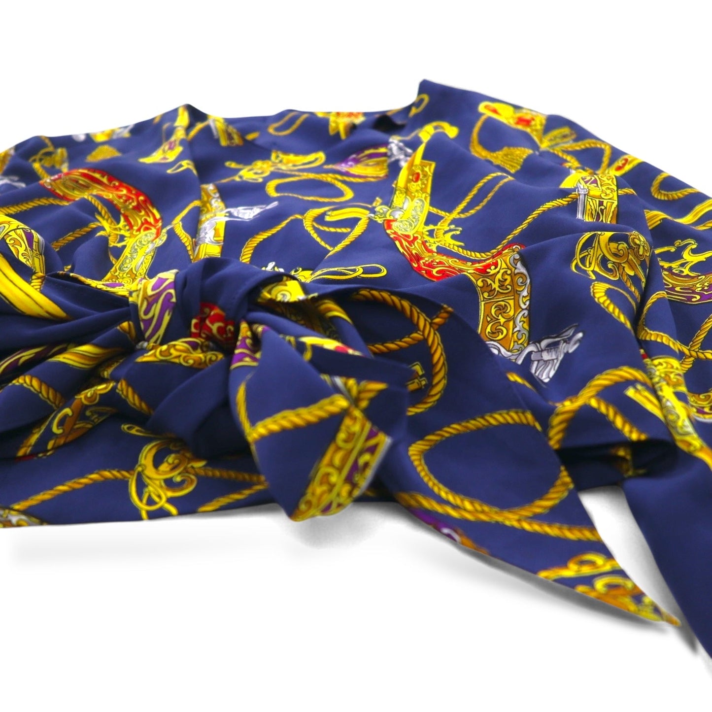 Vintage 90s Retro Blouse 前結び クロップド シャツ レトロ ブラウス M ネイビー バックボタン 金ボタン スカーフ 総柄 裾リボン結び