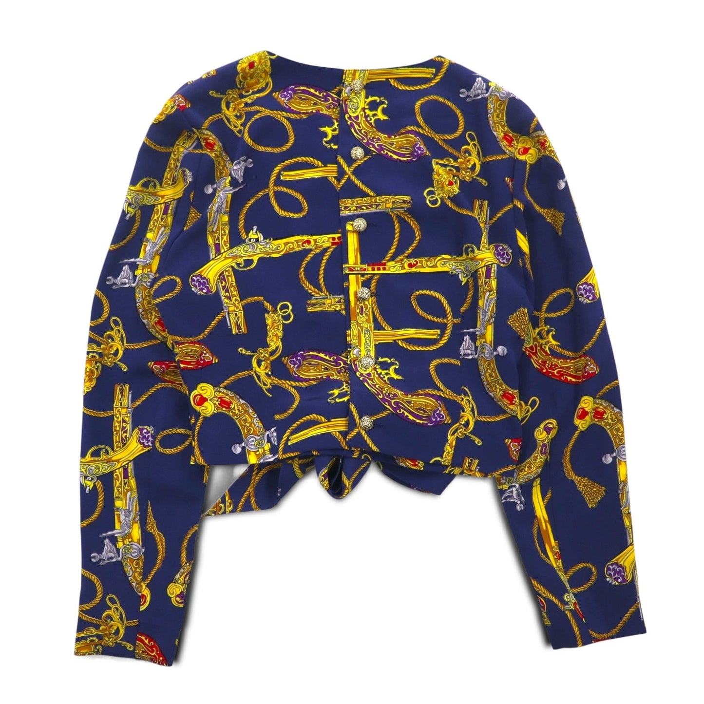 Vintage 90s Retro Blouse 前結び クロップド シャツ レトロ ブラウス M ネイビー バックボタン 金ボタン スカーフ 総柄 裾リボン結び