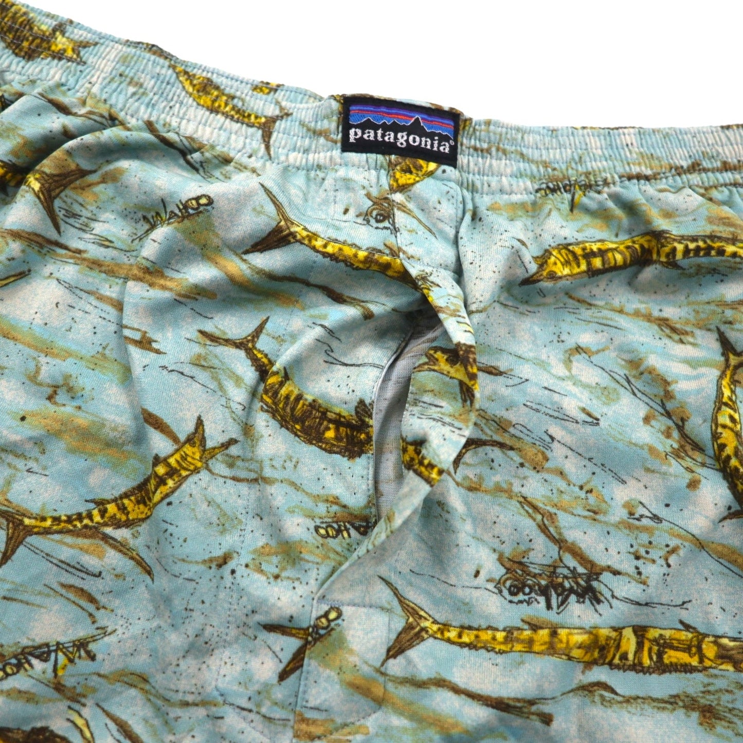 patagonia 00年代 USA製 キャプリーン Capilene トランクス ショートパンツ L ブルー 総柄 魚 45111