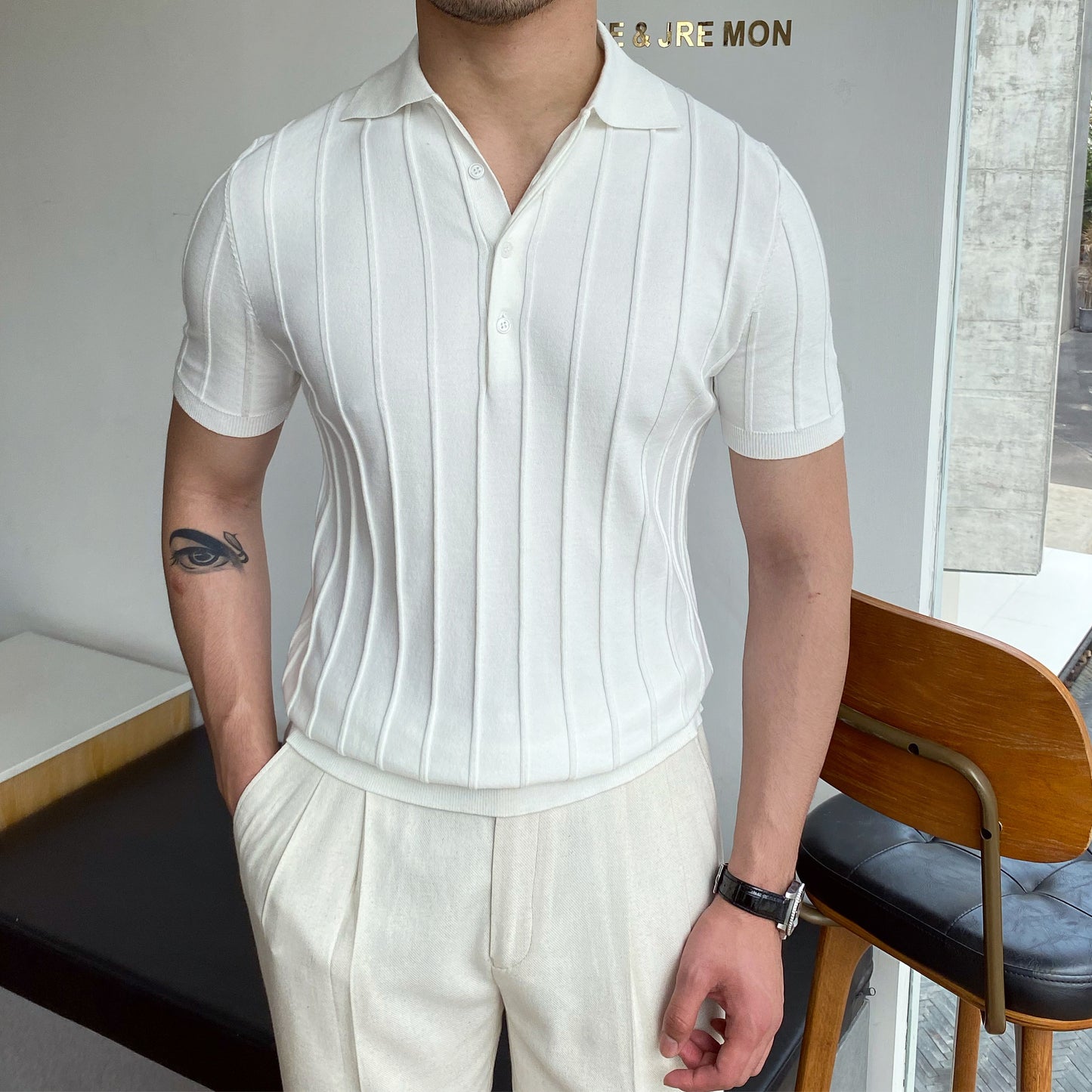 2022 spring and summer POLO shirt collar sweater men's short-sleeved slim-fit trendy stripe solid color lapel pullover sweater men