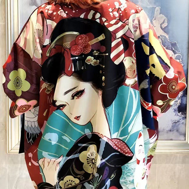 Harajuku style kimono women's summer Korean version loose Japanese kimono cloak feather weaving sunscreen jacket 3d printing students