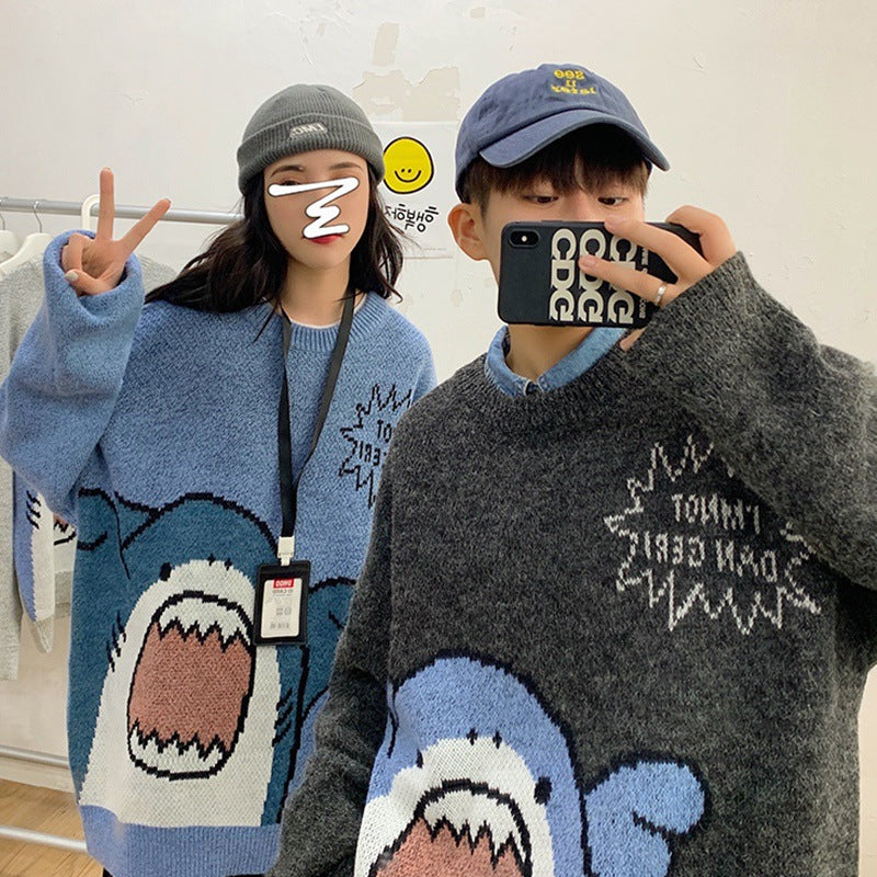 Autumn and winter shark cartoon round neck sweater men's casual loose Korean style trendy warm student thickened sweater