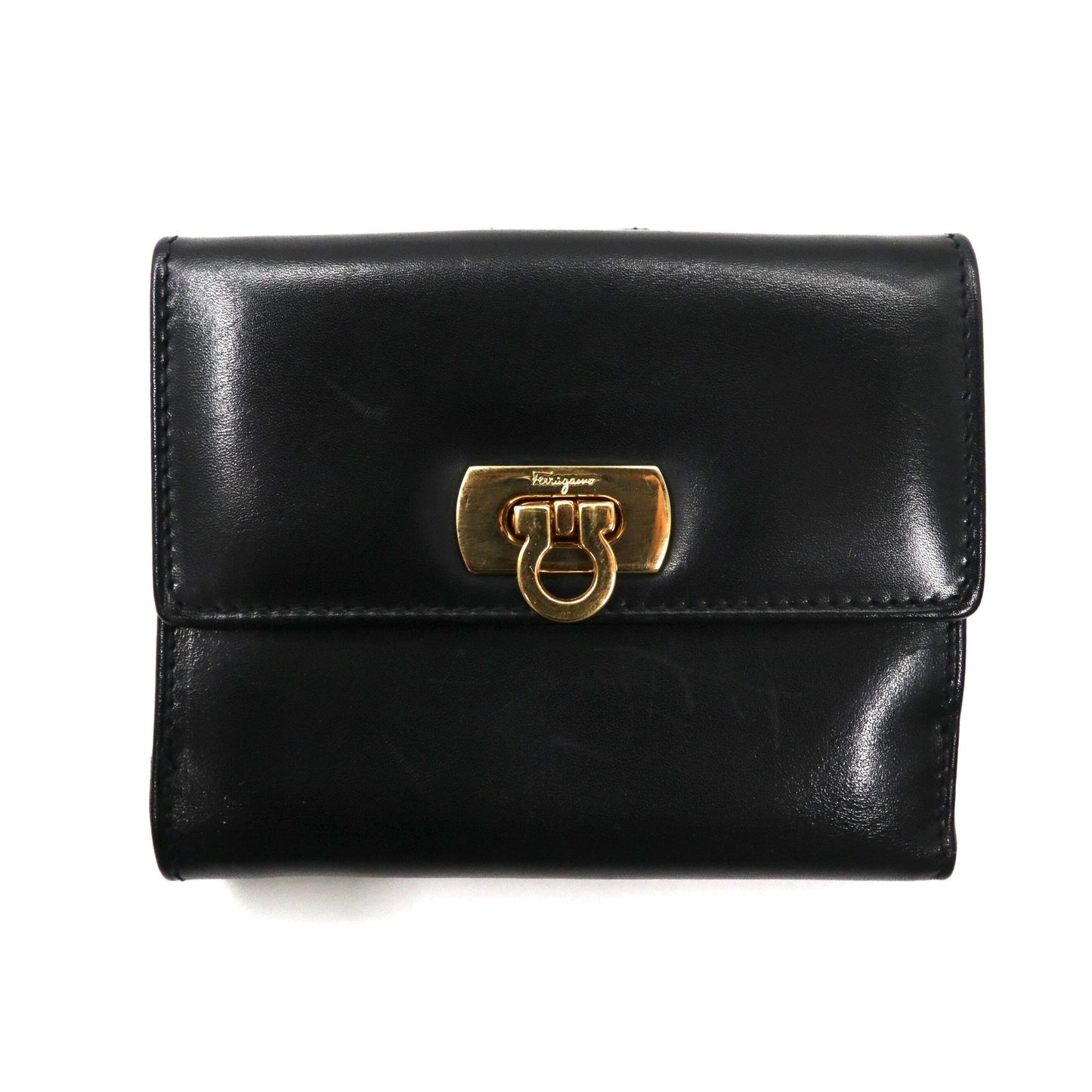 Salvatore Ferragamo 3つ折り財布 ブラック レザー ガンチーニ 金具 224059 イタリア製