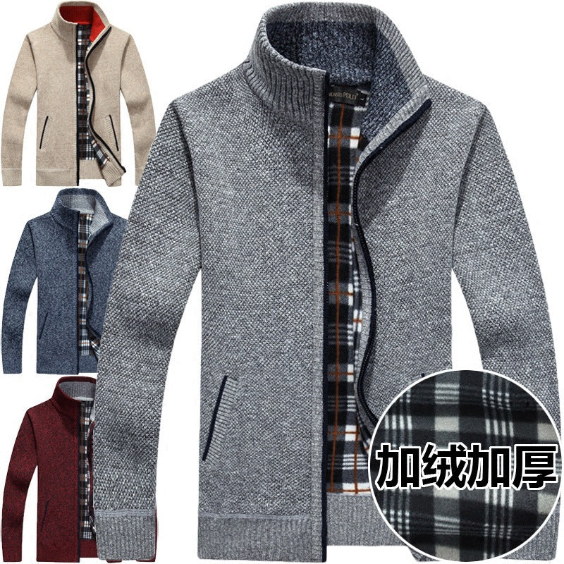 Wholesale autumn and winter cardigan zipper sweater thickening plus velvet stand-up collar men's loose warm knit sweater coat jacket men