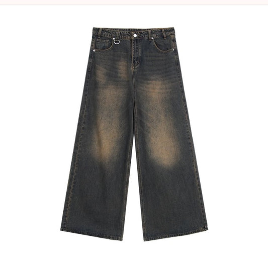 cuibuju niche worn and distressed retro washed straight jeans men's loose versatile wide-leg floor-length trousers