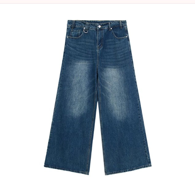 cuibuju niche worn and distressed retro washed straight jeans men's loose versatile wide-leg floor-length trousers