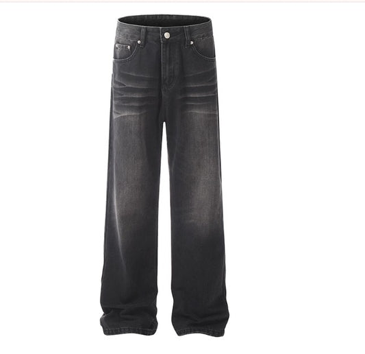 Black Men's American High Street Retro Water Wave Wash Denim Trousers National Trend Cleanfit Loose Straight Leg Long Trousers for Men and Women