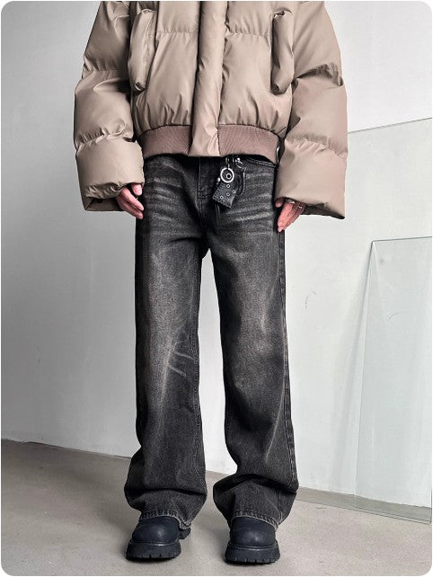 22LAB American vintage washed and worn black and gray jeans men and women summer cleanfit straight micro flare pants