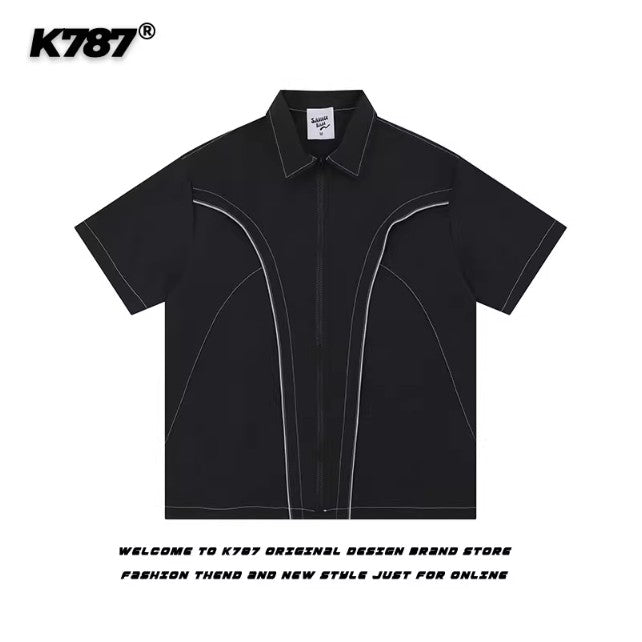 K787 American retro open line deconstruction splicing short-sleeved shirt men and women's national trend hip-hop street loose cardigan half-sleeve