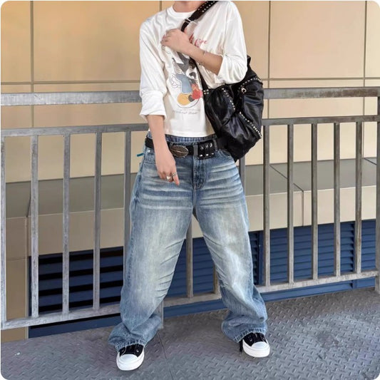 American-Style High-Street Vintage Cat-Whisker Casual Versatile Jeans for Men Cleanfit Style Loose Straight-Leg Draping Long Pants