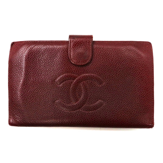 CHANEL 2つ折り財布 がま口 レッド キャビアスキン レザー ココマーク A13498 フランス製