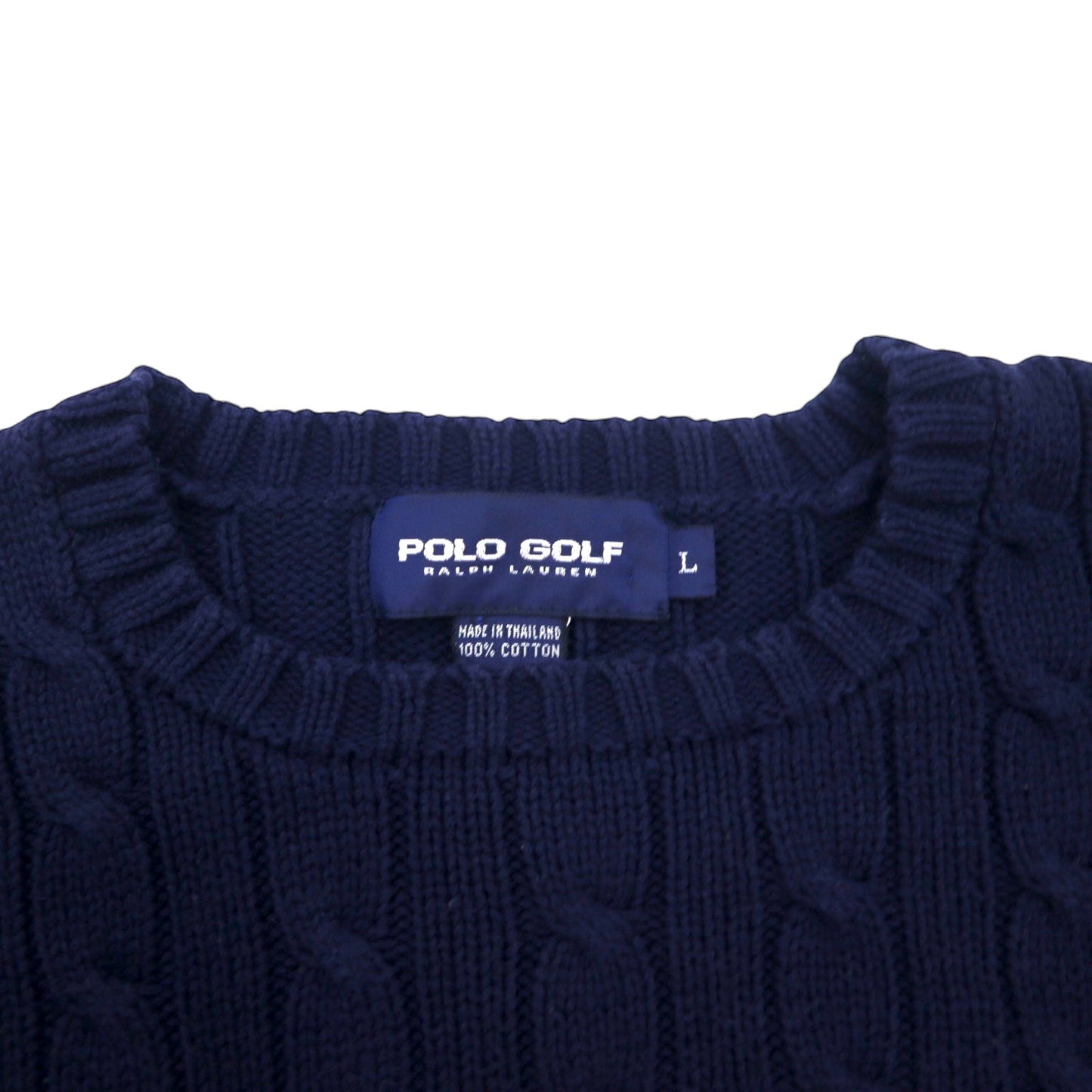 POLO GOLF RALPH LAUREN 90年代 クルーネック ケーブルニット セーター L ネイビー コットン ワンポイント 刺繍