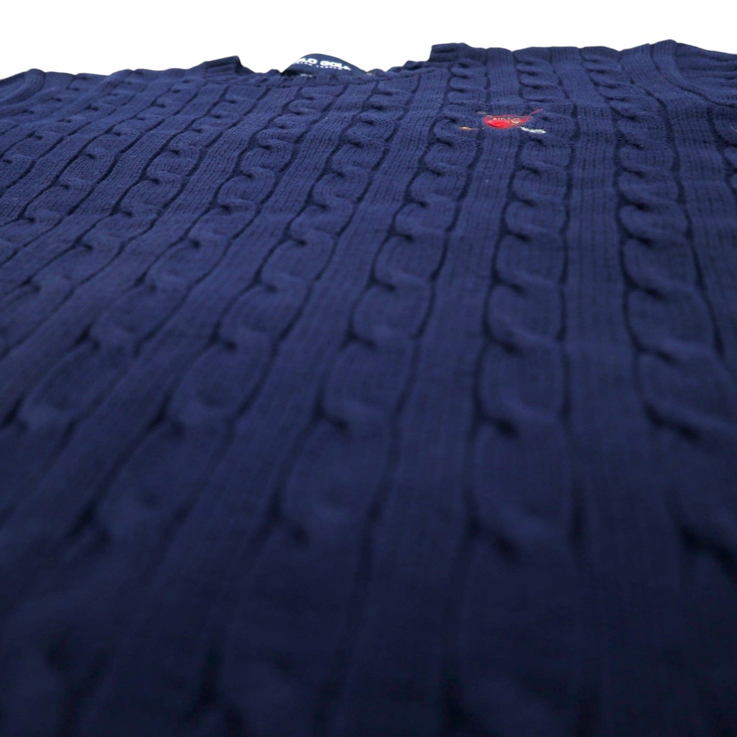 POLO GOLF RALPH LAUREN 90年代 クルーネック ケーブルニット セーター L ネイビー コットン ワンポイント 刺繍