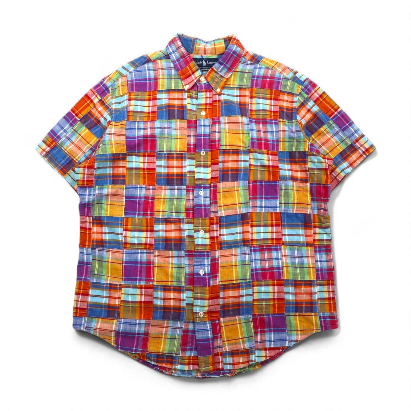Ralph Lauren 90年代 パッチワーク 半袖 ボタンダウンシャツ XL マルチカラー チェック CUSTOM FIT スモールポニー刺繍