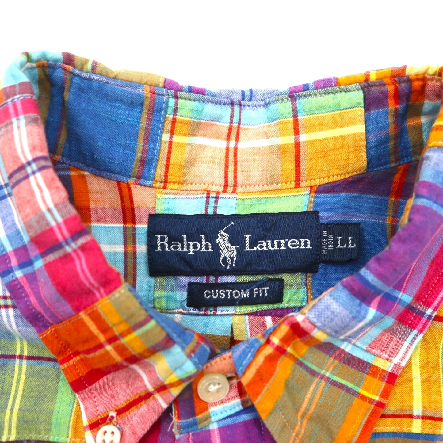 Ralph Lauren 90年代 パッチワーク 半袖 ボタンダウンシャツ XL マルチカラー チェック CUSTOM FIT スモールポニー刺繍