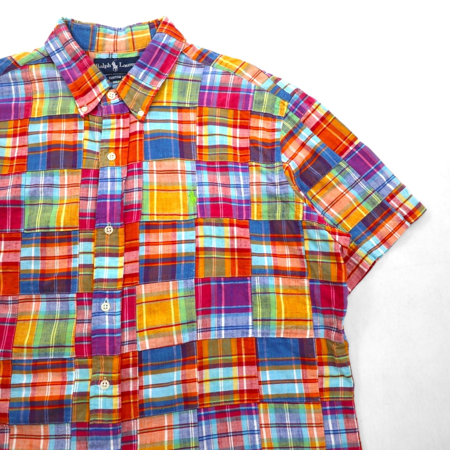 Ralph Lauren 90年代 パッチワーク 半袖 ボタンダウンシャツ XL マルチカラー チェック CUSTOM FIT スモールポニー刺繍