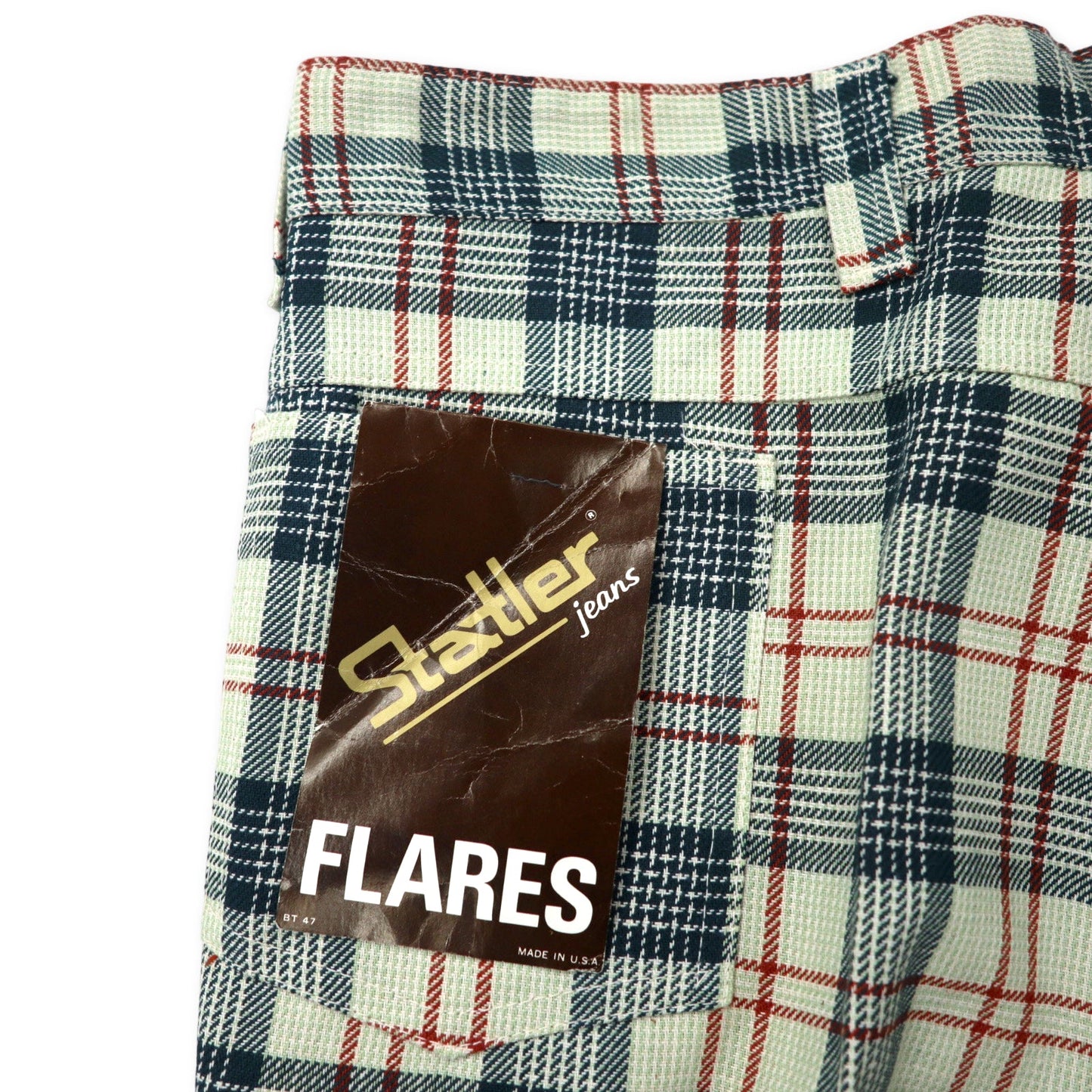 Statler Jeans USA製 70年代 センタープレス フレアーパンツ ベルボトム W92 ベージュ チェック コットン ポリエステル PRENTICEジップ デッドストック 未使用品