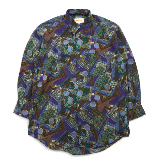 Vintage 90s Retro Geometric Pattern Shirt ORANGE FIELD 総柄 ポリシャツ M パープル ポリエステル