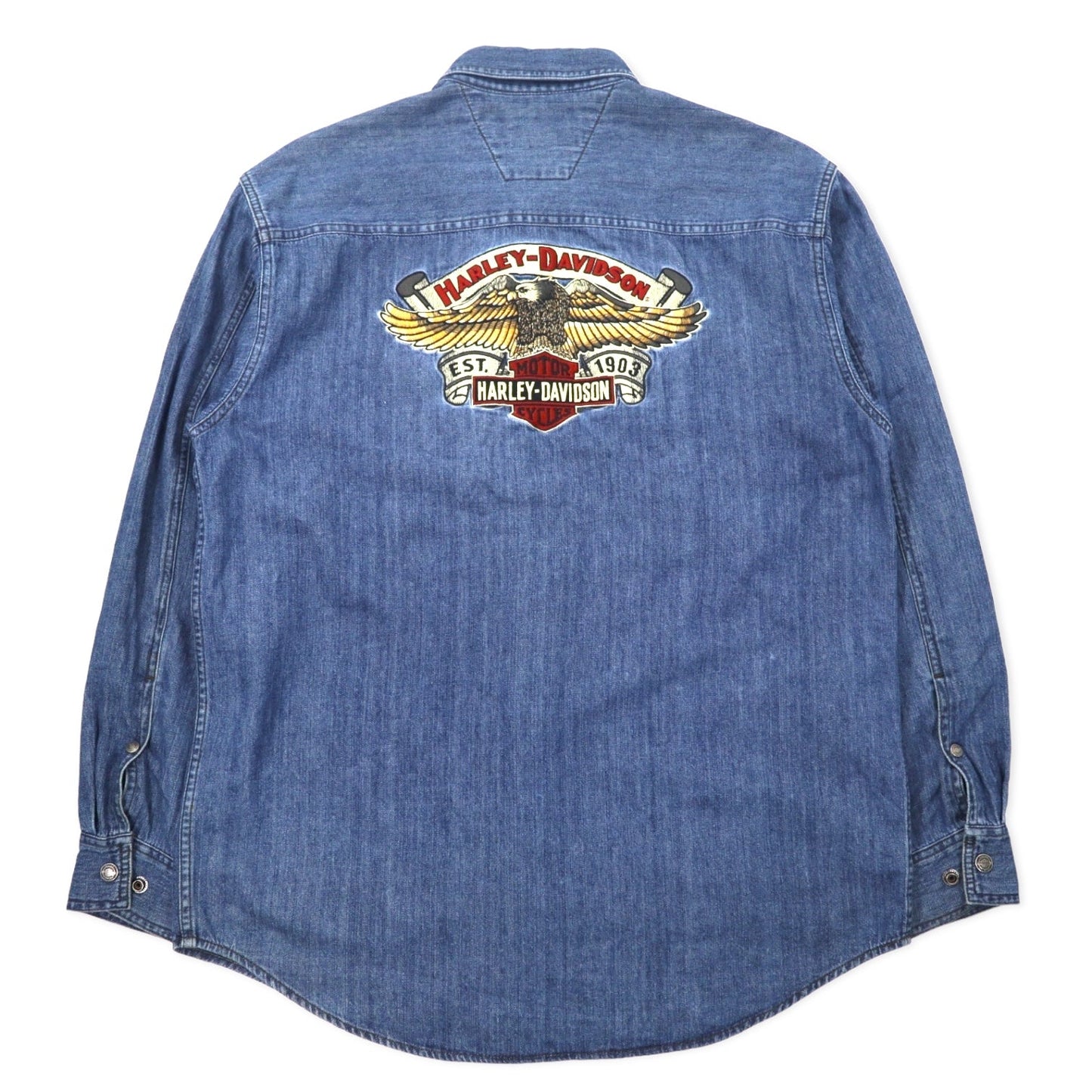 HARLEY DAVIDSON バックロゴ刺繍 デニムシャツ XL ブルー コットン スナップボタン