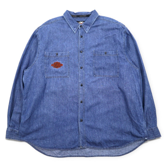 HARLEY DAVIDSON デニムシャツ XXXL ブルー コットン ロゴ刺繍 バックロゴ