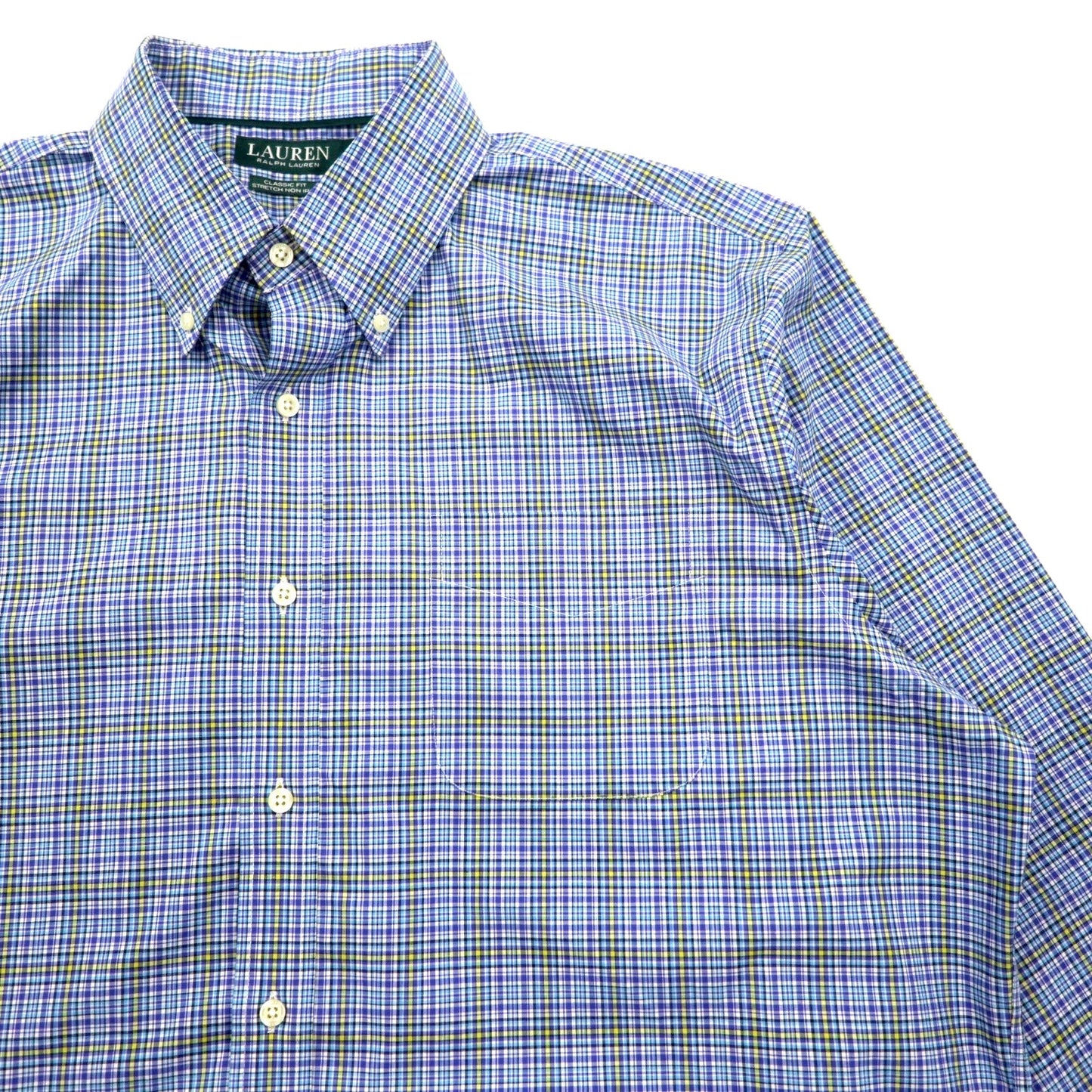 LAUREN RALPH LAUREN ボタンダウンシャツ XL ブルー コットン チェック CLASSIC FIT STRETCH NON IRON