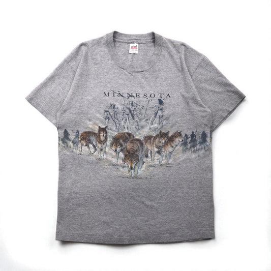 anvil 90年代 USA製 シングルステッチ Tシャツ XL グレー MINESOTA 両面 アニマル プリント オオカミ