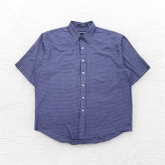 VAN HEUSEN 90年代 半袖 シャツ L ブルー チェック コットン 襟芯