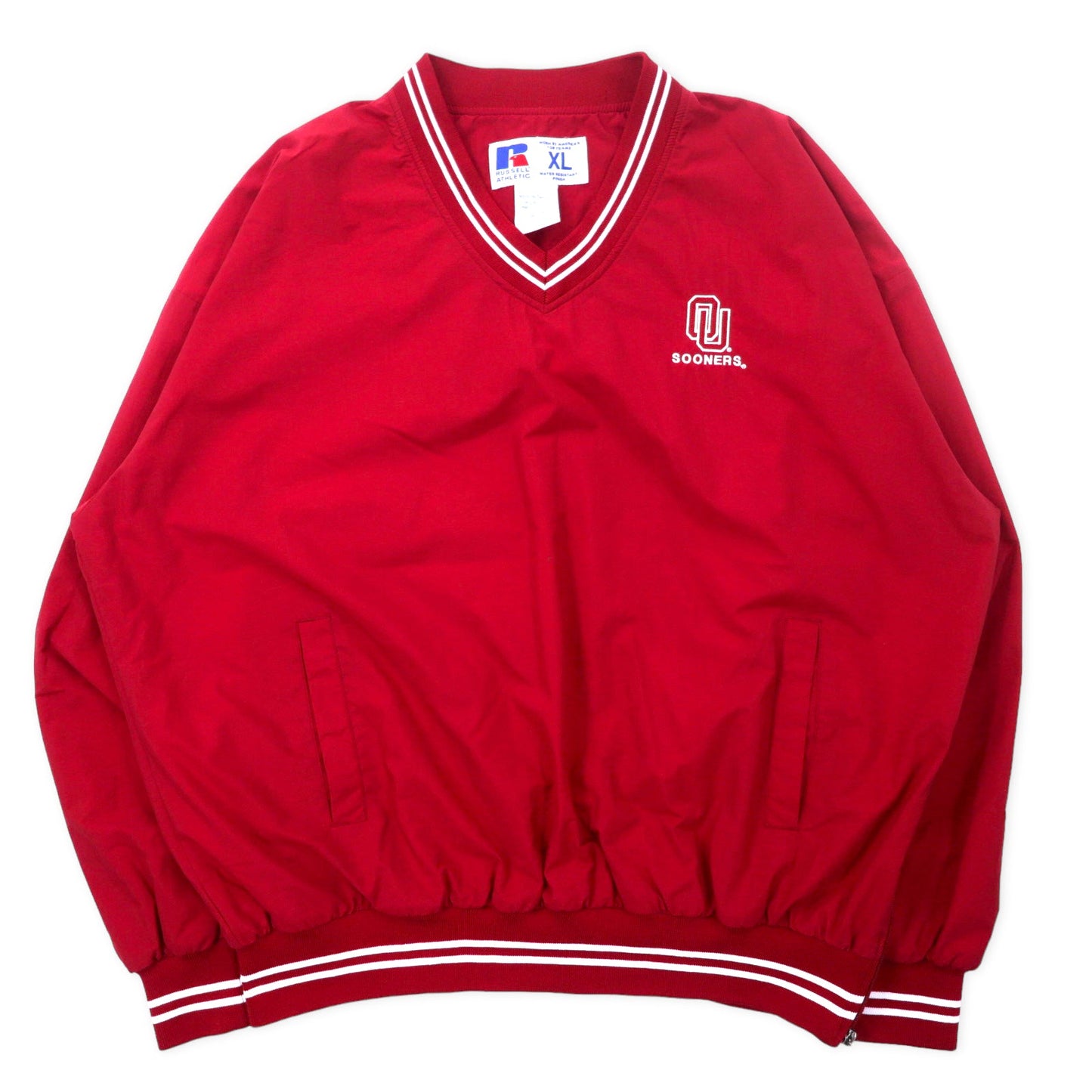 RUSSELL ATHLETIC リブライン ピステ プルオーバー ナイロンジャケット XL レッド ナイロン 防水 カレッジ刺繍 SOONERS ビッグサイズ