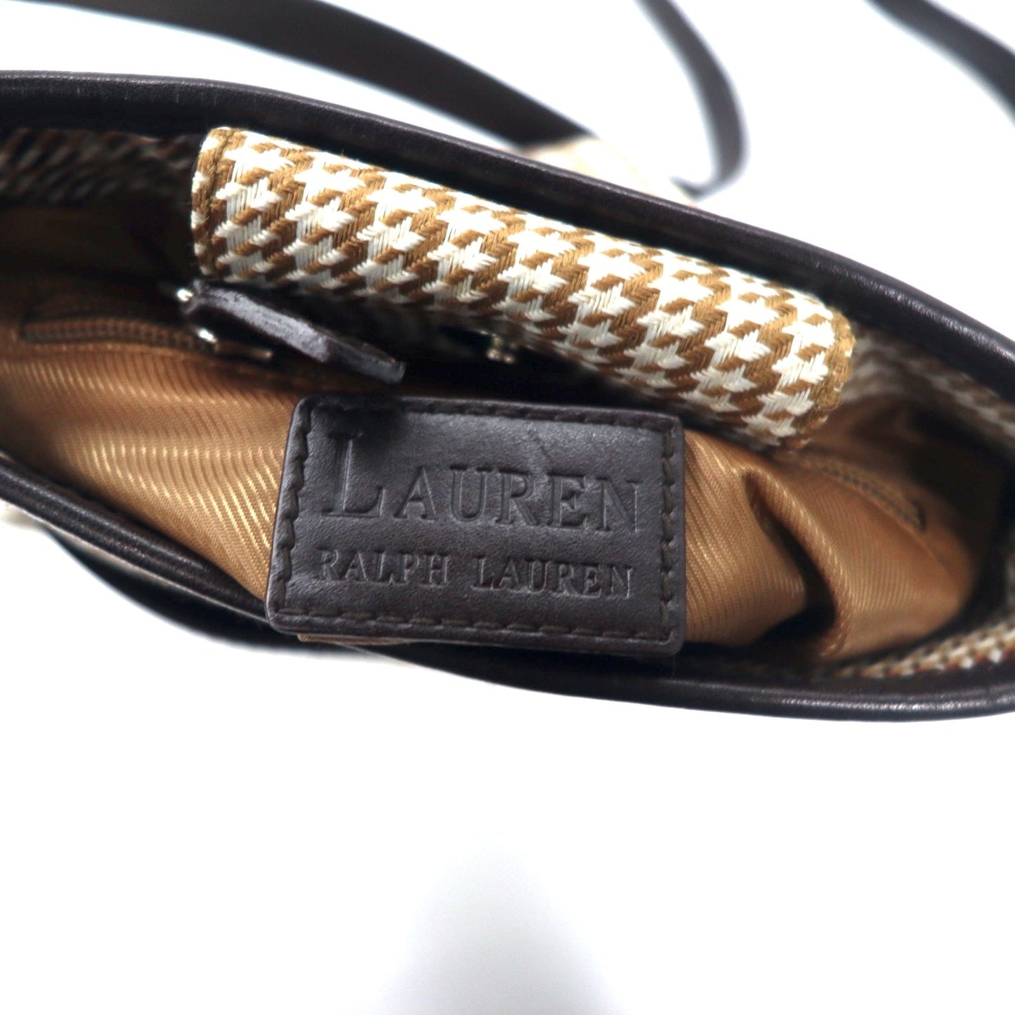 LAUREN RALPH LAUREN ガンクラブチェック ショルダーバッグ ポシェット ベージュ ナイロンキャンバス レザー切り替え ワンポイントロゴ