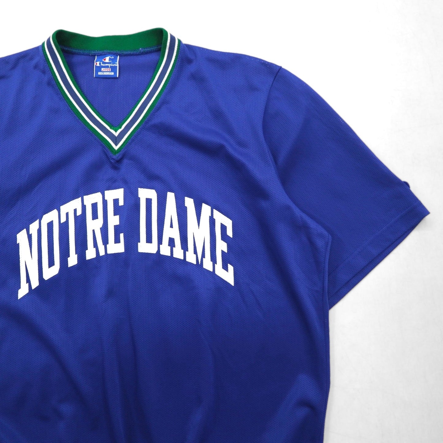 Champion 90年代 USA製 刺繍タグ メッシュ ゲームシャツ L ブルー ナイロン NOTRE DAME アーチロゴ
