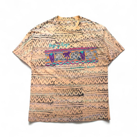 90年代 USA製 Yaga Rugz' シングルステッチ ヴィンテージ Tシャツ 2XL ピンク 総柄 ネイティブ柄
