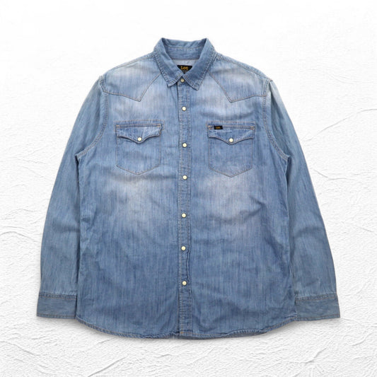 Lee デニム ウエスタンシャツ L インディゴ ブルー コットン 胸ポケット スナップボタン