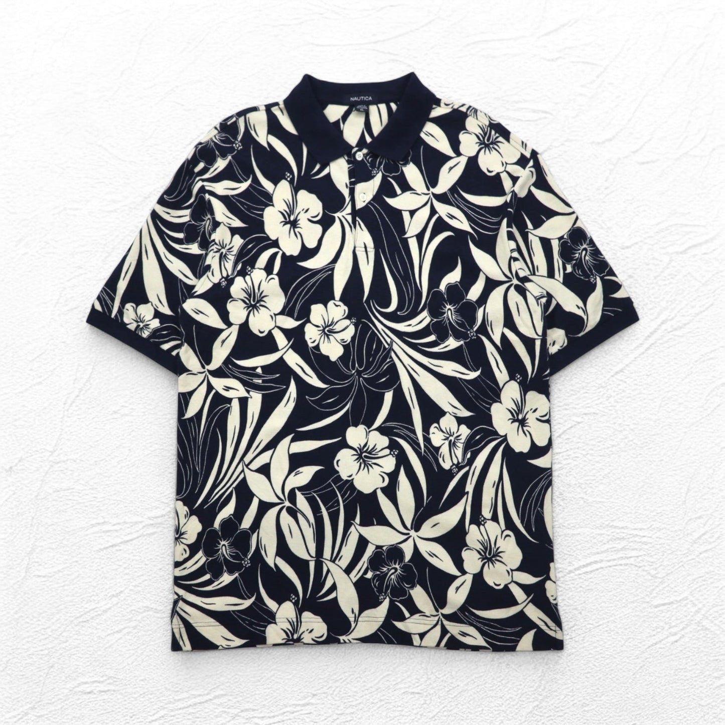 NAUTICA ポロシャツ XL ネイビー コットン 総柄 ハイビスカス 花 ビッグサイズ