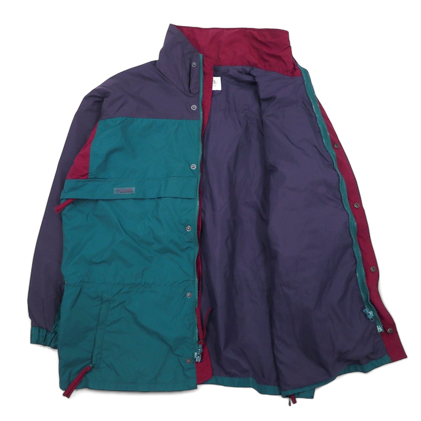 Columbia 90年代 セーリングジャケット マウンテンパーカー L グリーン パープル ナイロン Radial Sleeve ドローコード ジップインジップ搭載 Gizzmo